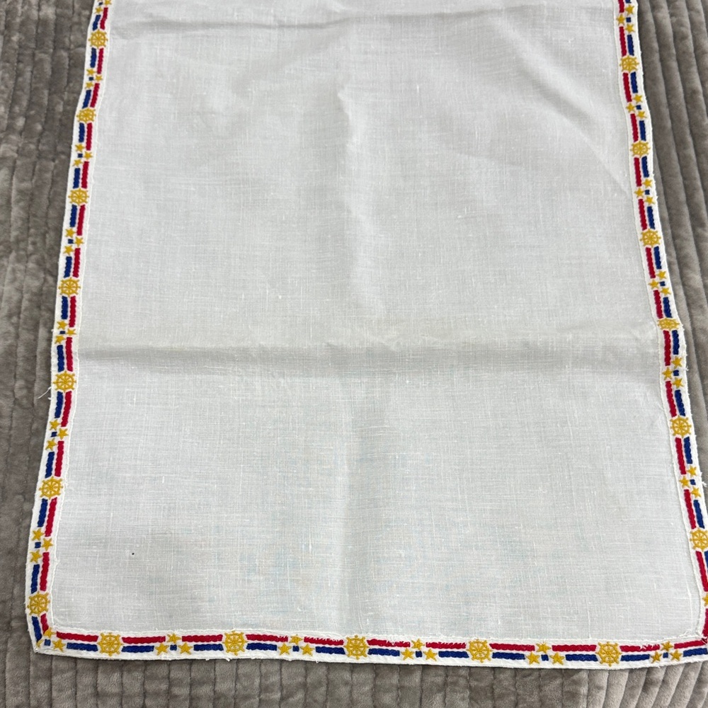 White Vintage linen Table Runner with Colorful Nautical Embroidery